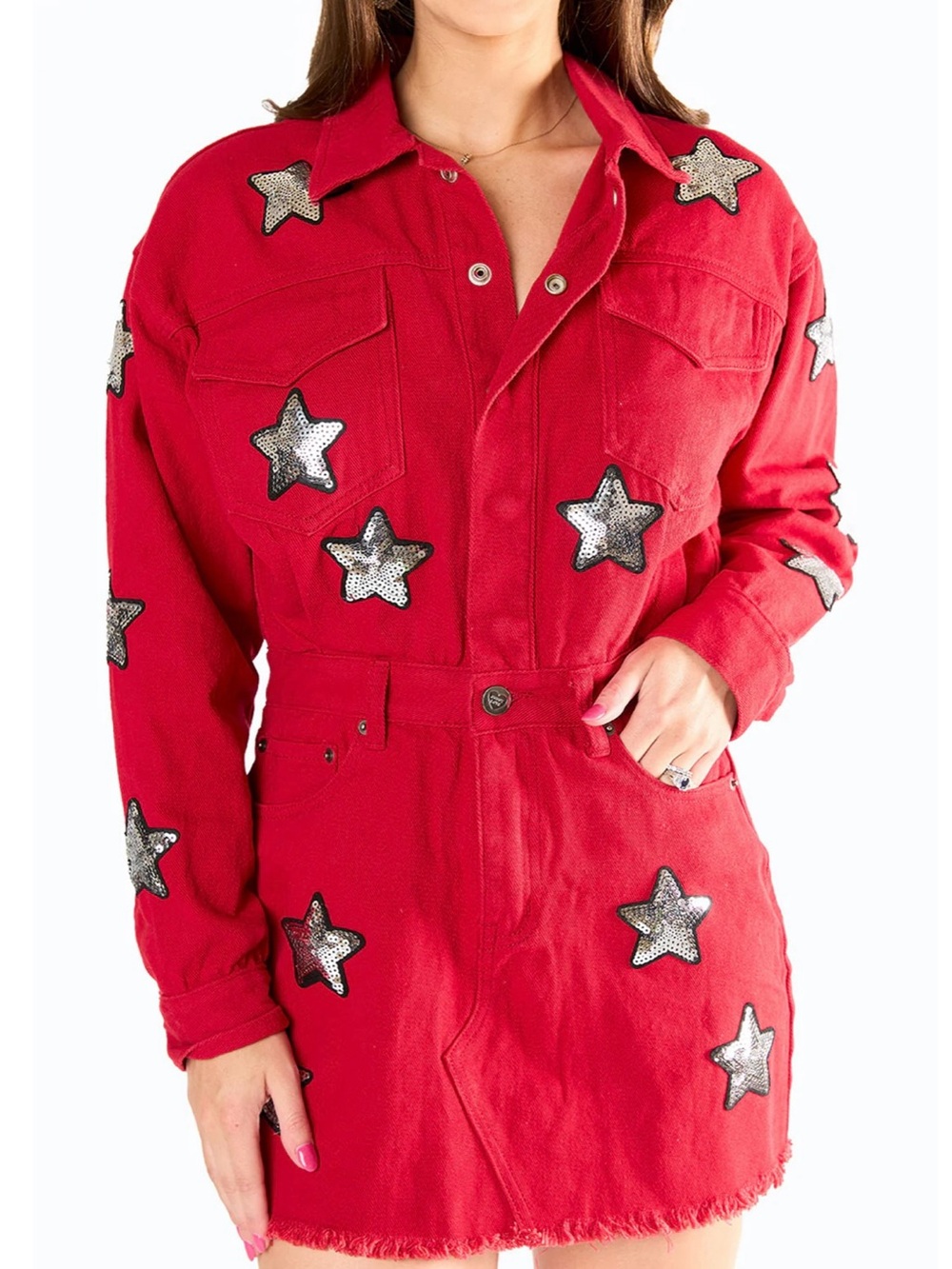 Buddy Love Raelynn Western Rodeo Cowboy Festival Denim Star Dress in Red Size S - Picture 3 of 7